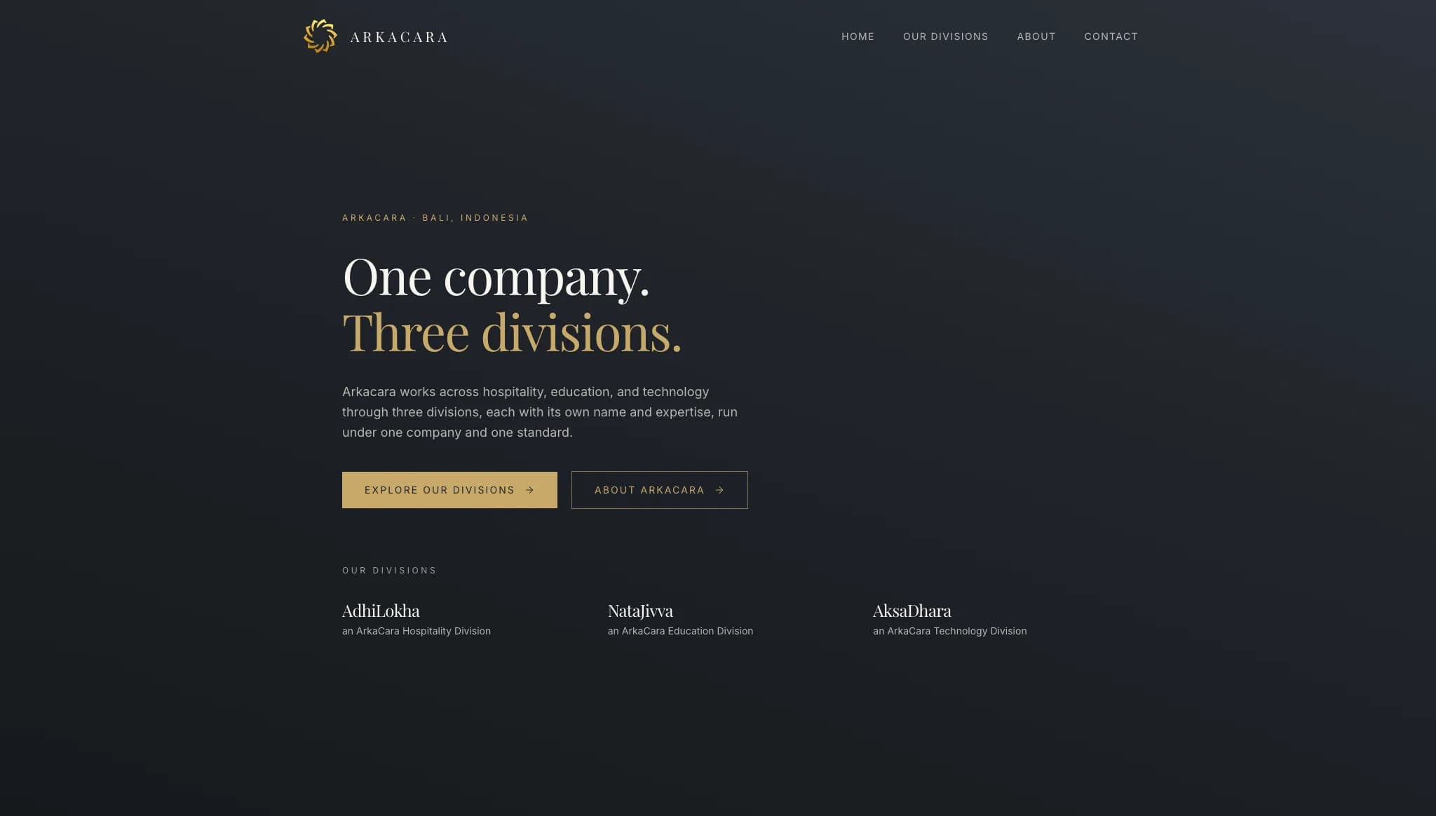 The ArkaCara homepage on a dark ground, headed “One company. Three divisions.” with AdhiLokha, NataJivva, and AksaDhara named beneath it