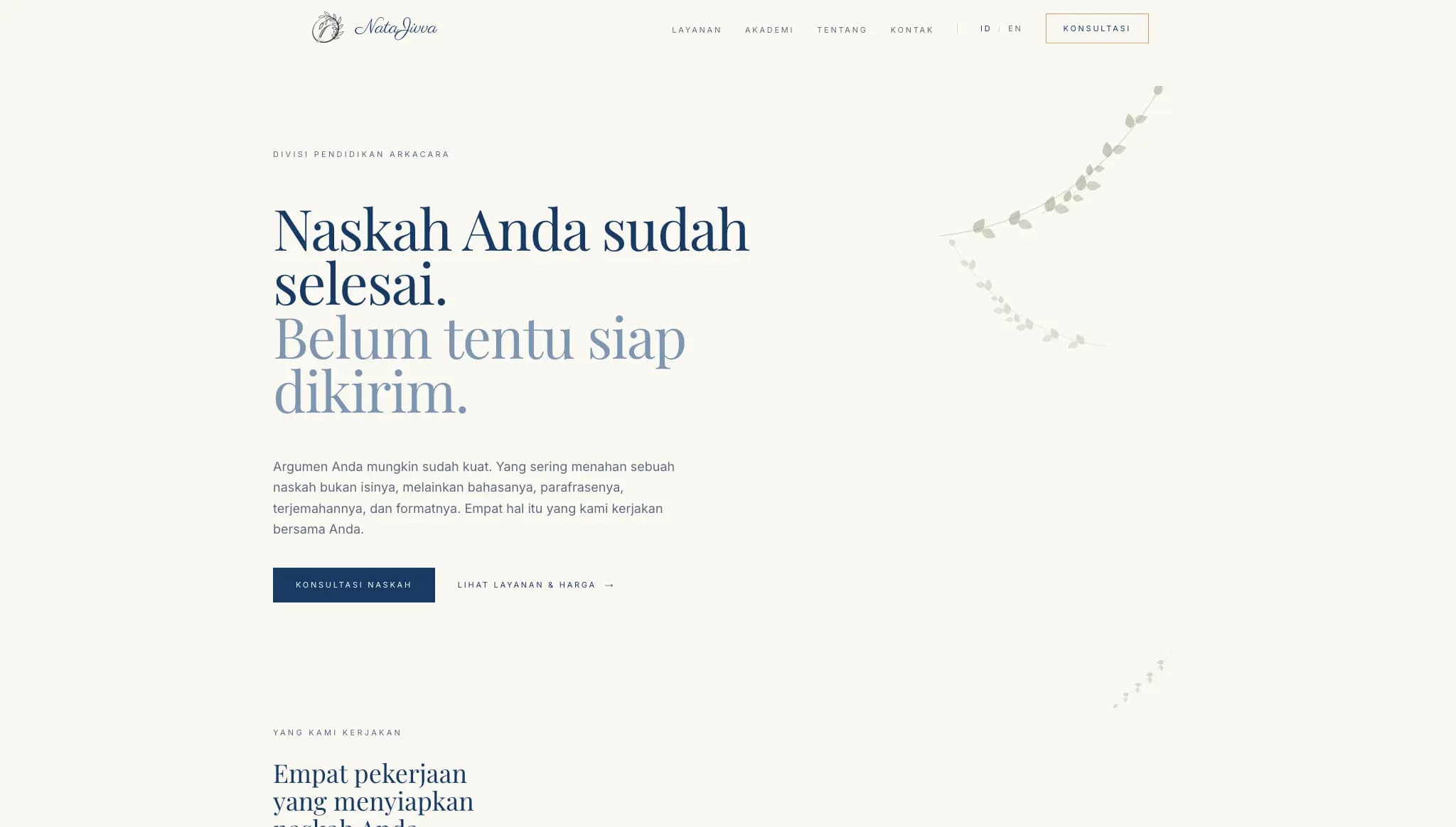 The NataJivva homepage, headed “Naskah Anda sudah selesai. Belum tentu siap dikirim.” above a consultation button
