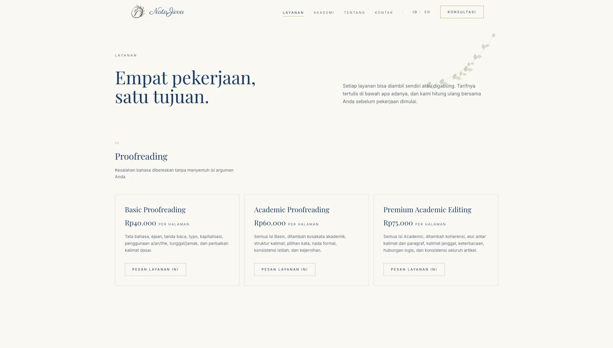 The services page listing Proofreading tiers — Basic, Academic, and Premium Academic Editing — each with its per-page rate
